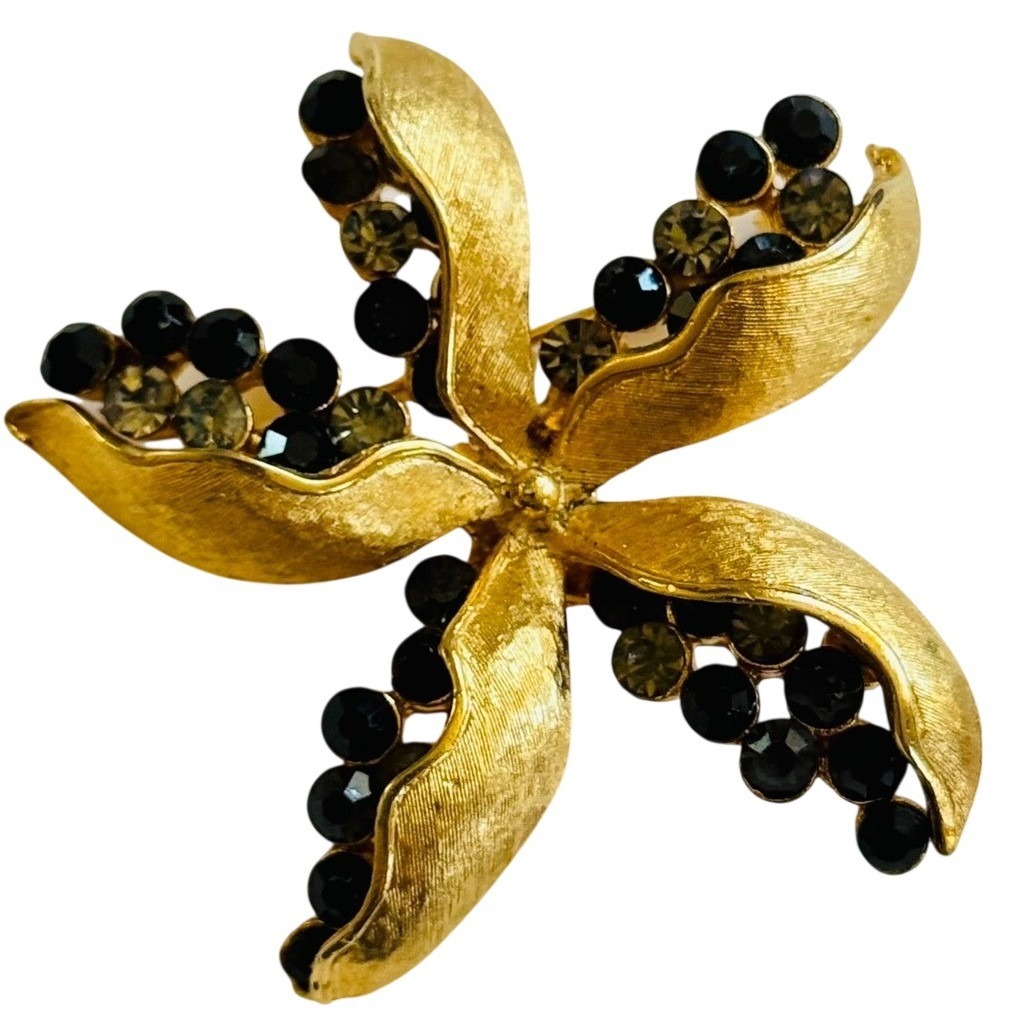 Vtg Corocraft Jeweled Star Flower Brooch Pin Rhinestone Satin Gold Jeweled Retro